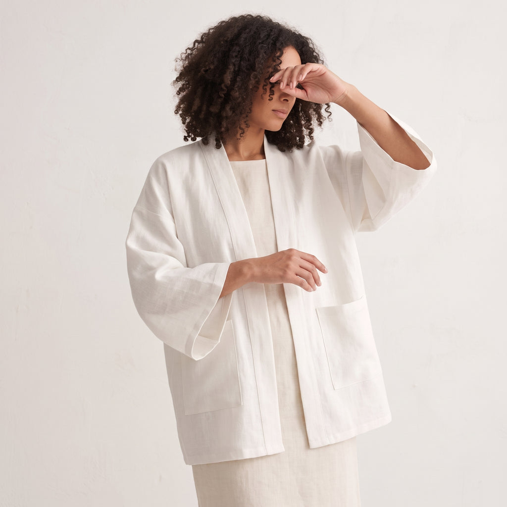 Kimono Eva Court en Lin blanc